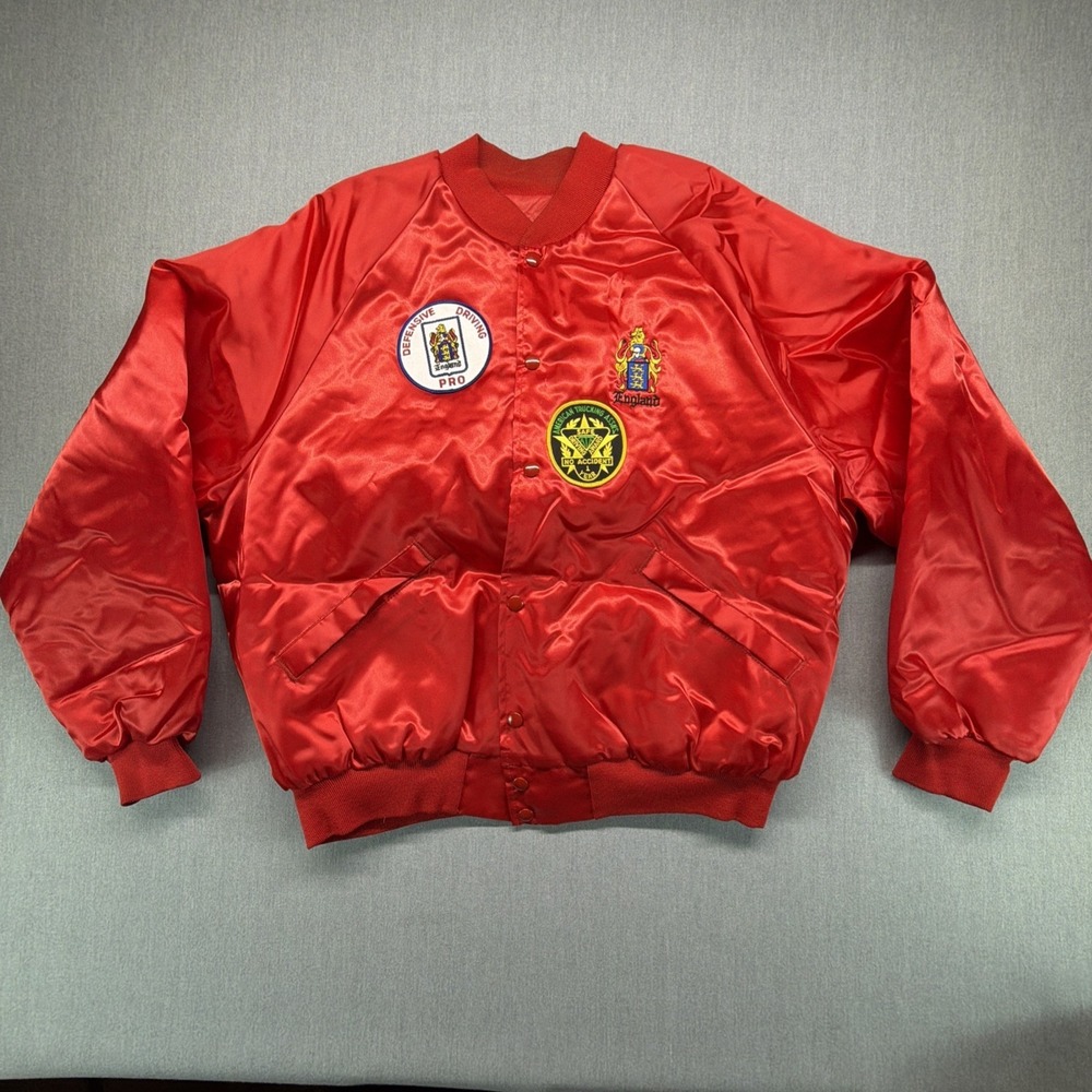 Vintage King Louie Jacket Size XL Red Satin Bomber American Trucking Assns